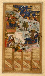 Rustum fängt den Khagan von China mit dem Lasso, Folio aus einem Manuskript des Shahnama von Ferdowsi